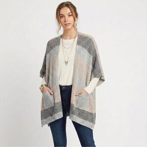 Striped Knit Ruana Poncho Open Front Cardigan with Pockets Grey Tan Neutral OS
